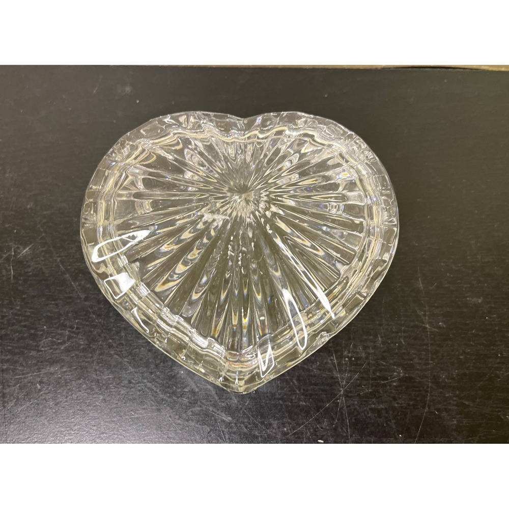 Clear Glass Heart Shaped Lidded Trinket Box Dish Starburst/ Rays Design Heavy